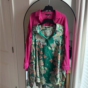 Bundle of 2 Pink and Green Paisley long Sleeve Collared Blouse Set